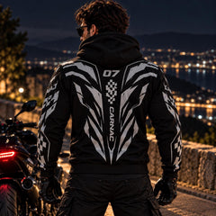 Armored Motorcycle Hoodie with Cyber Racing Reflective Silver Racing Pattern