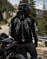 Armored Motorcycle Hoodie with Reflective Dragon Wings Print
