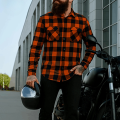 Men's Kevlar-Lined Flannel Motorcycle Riding Shirt in Orange with Armor
