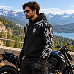 Tribal Predator Armored Motorcycle Hoodie with Reflective Silver Wing Pattern