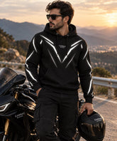 Aramid Lining Armored Motorcycle Hoodie in Black with Reflective Cyber V Design