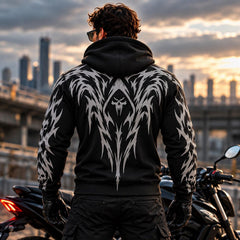 Armored Motorcycle Hoodie with Night Reaper Reflective Silver Skull Pattern