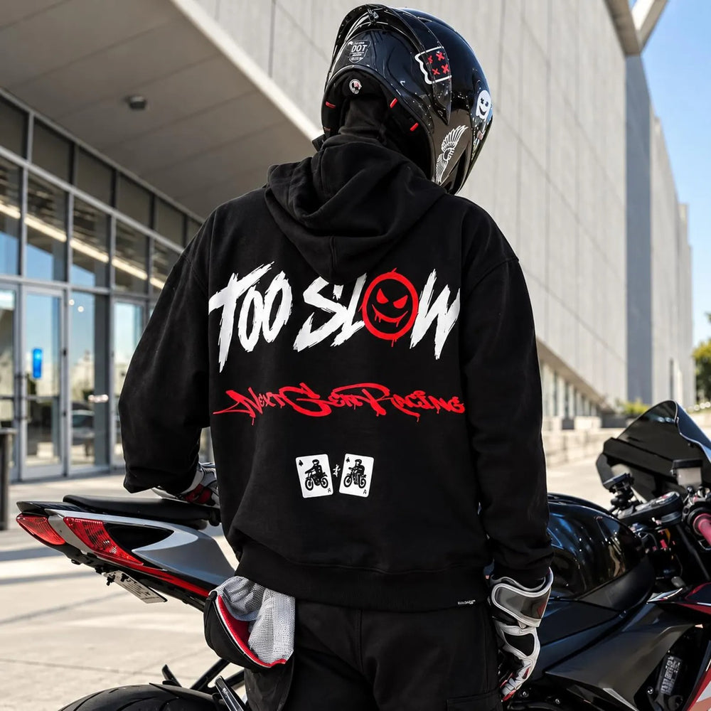 Armored Motorcycle Hoodie with Too Slow Gothic Racing Print