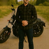 Men's Kevlar Lined Flannel Motorcycle Riding Shirt in Black with Armor