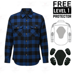 Men's Kevlar-Lined Flannel Motorcycle Riding Shirt in Blue with Armor