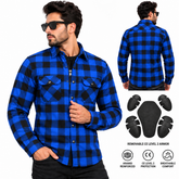 Men's Kevlar-Lined Flannel Motorcycle Riding Shirt in Blue with Armor