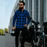 Men's Kevlar-Lined Flannel Motorcycle Riding Shirt in Blue with Armor
