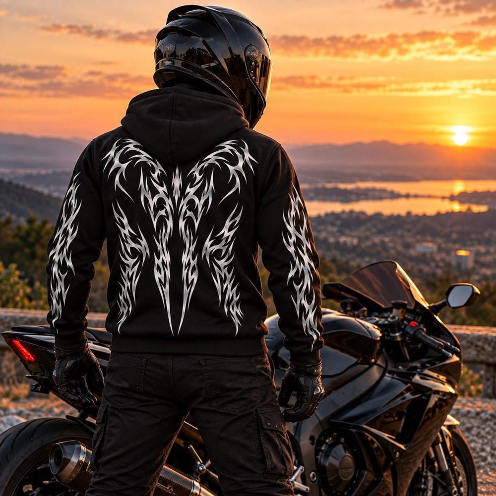 Armored Motorcycle Hoodie in Black with Reflective Tribal Wing Print