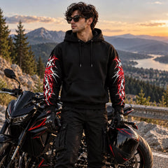 Armored Motorcycle Hoodie in Red & Gray Gothic Wing Print with CE Level 2 Protection