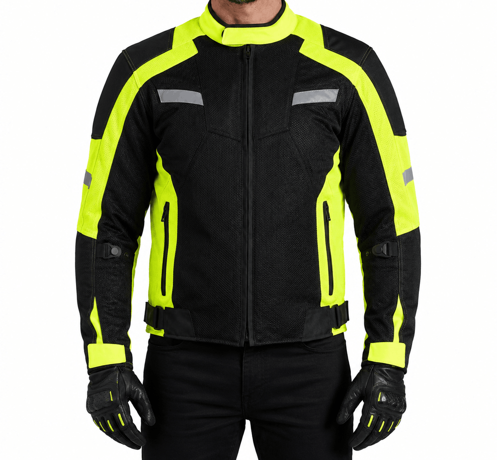 High-Visibility Mesh Motorcycle Jacket in Neon Yellow & Black with CE Armor