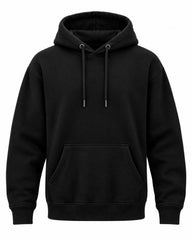 A classic black pullover hoodie with a front kangaroo pocket and matching black drawstrings, shown on a plain white background.