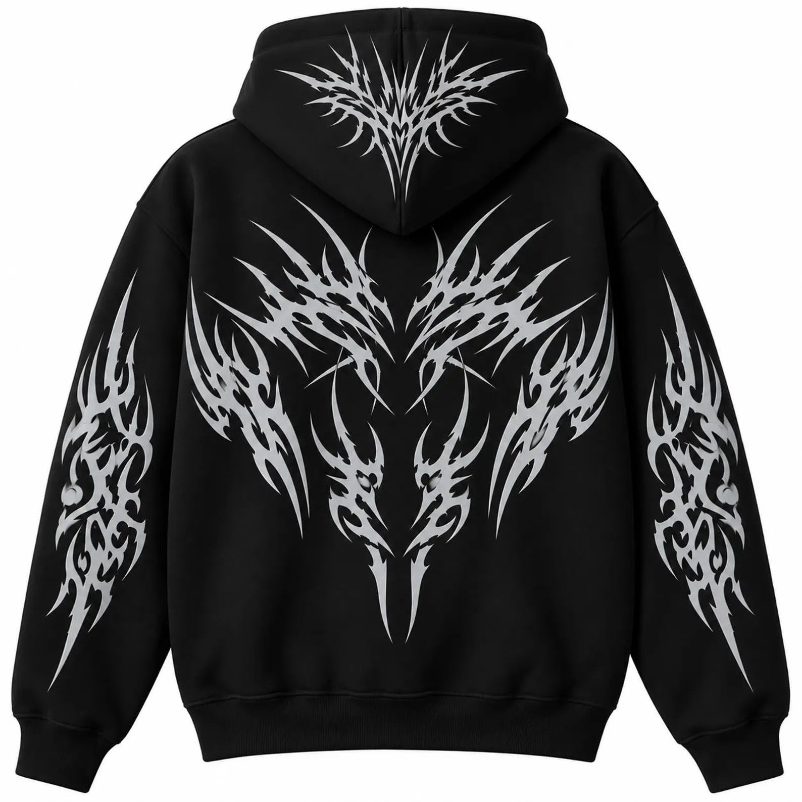 Black pullover hoodie shown from the back, featuring a large white tribal-style graphic design across the back and smaller matching designs on both sleeves, on a plain white background.