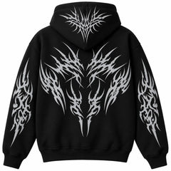 Black pullover hoodie shown from the back, featuring a large white tribal-style graphic design across the back and smaller matching designs on both sleeves, on a plain white background.