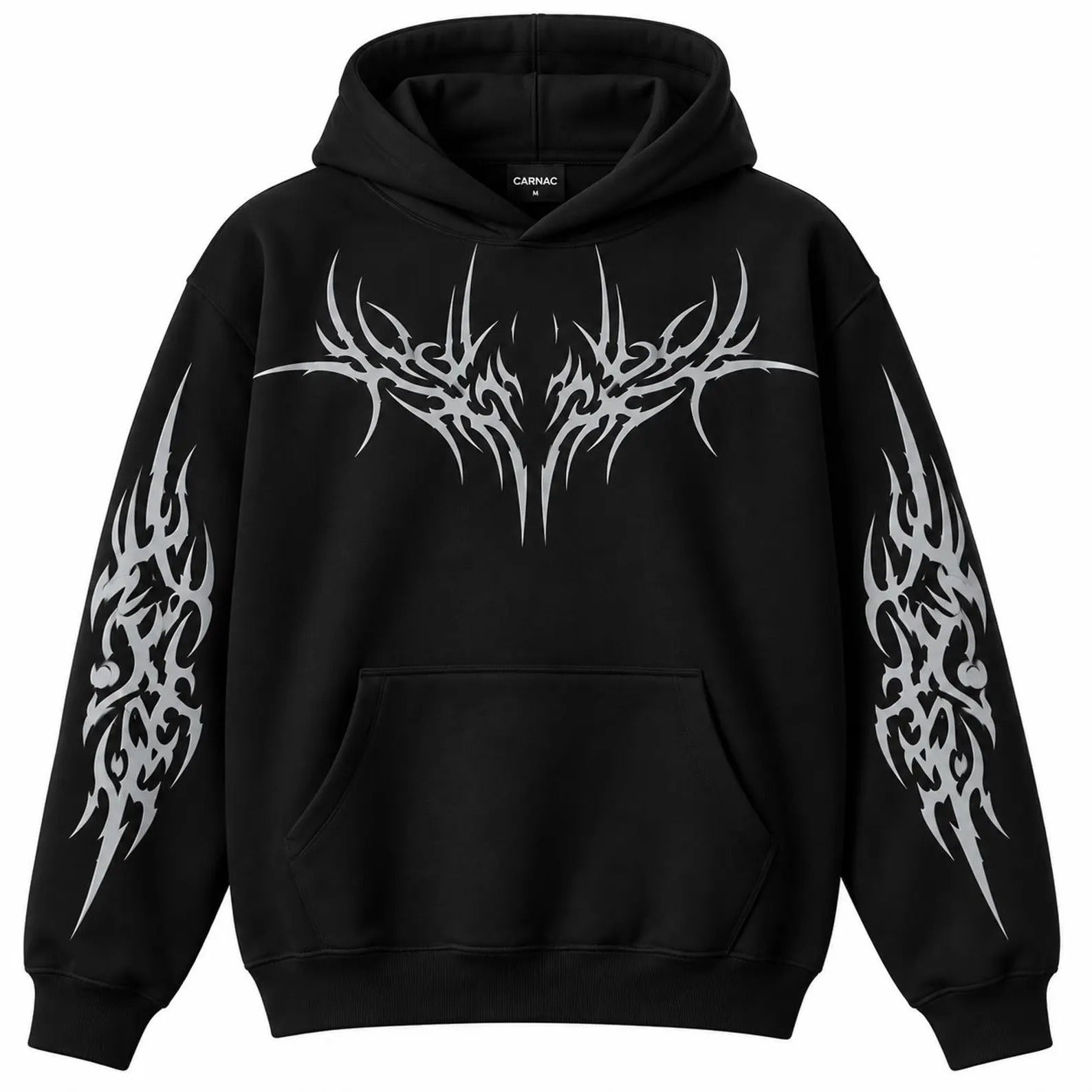 A black pullover hoodie with a large silver tribal graphic on the chest and matching graphics on both sleeves, shown against a plain white background.