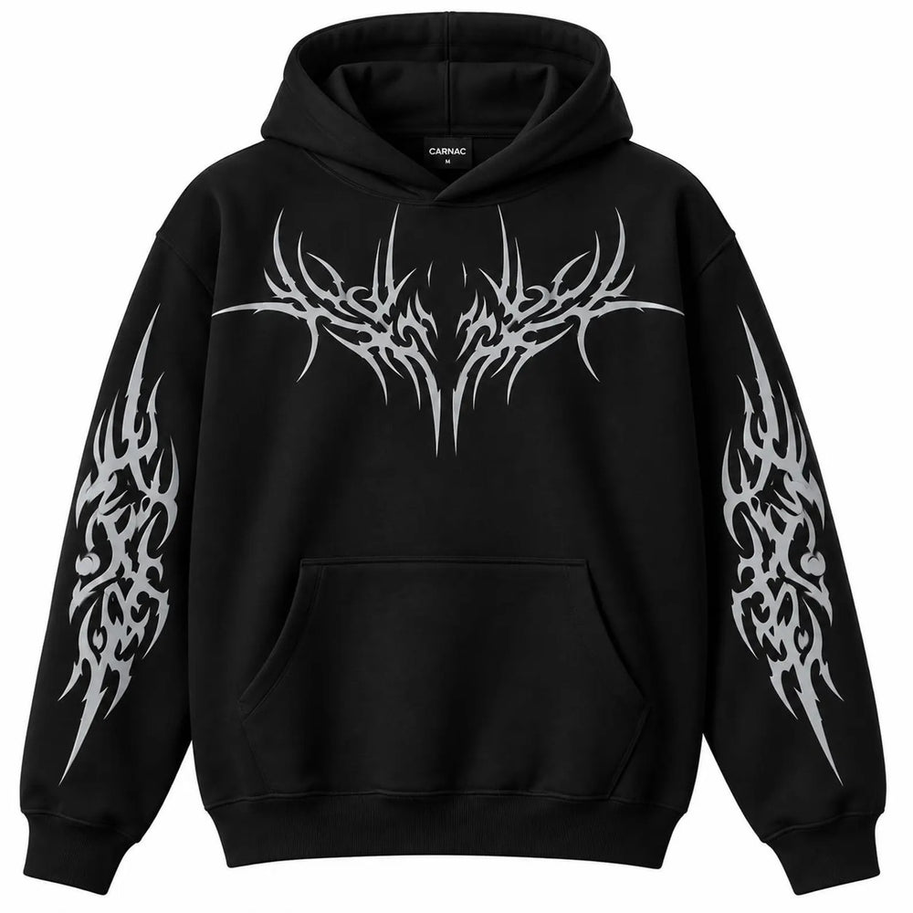 A black pullover hoodie with a large silver tribal graphic on the chest and matching graphics on both sleeves, shown against a plain white background.