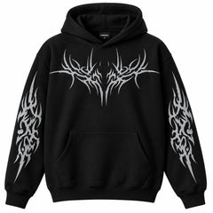 A black pullover hoodie with a large silver tribal graphic on the chest and matching graphics on both sleeves, shown against a plain white background.