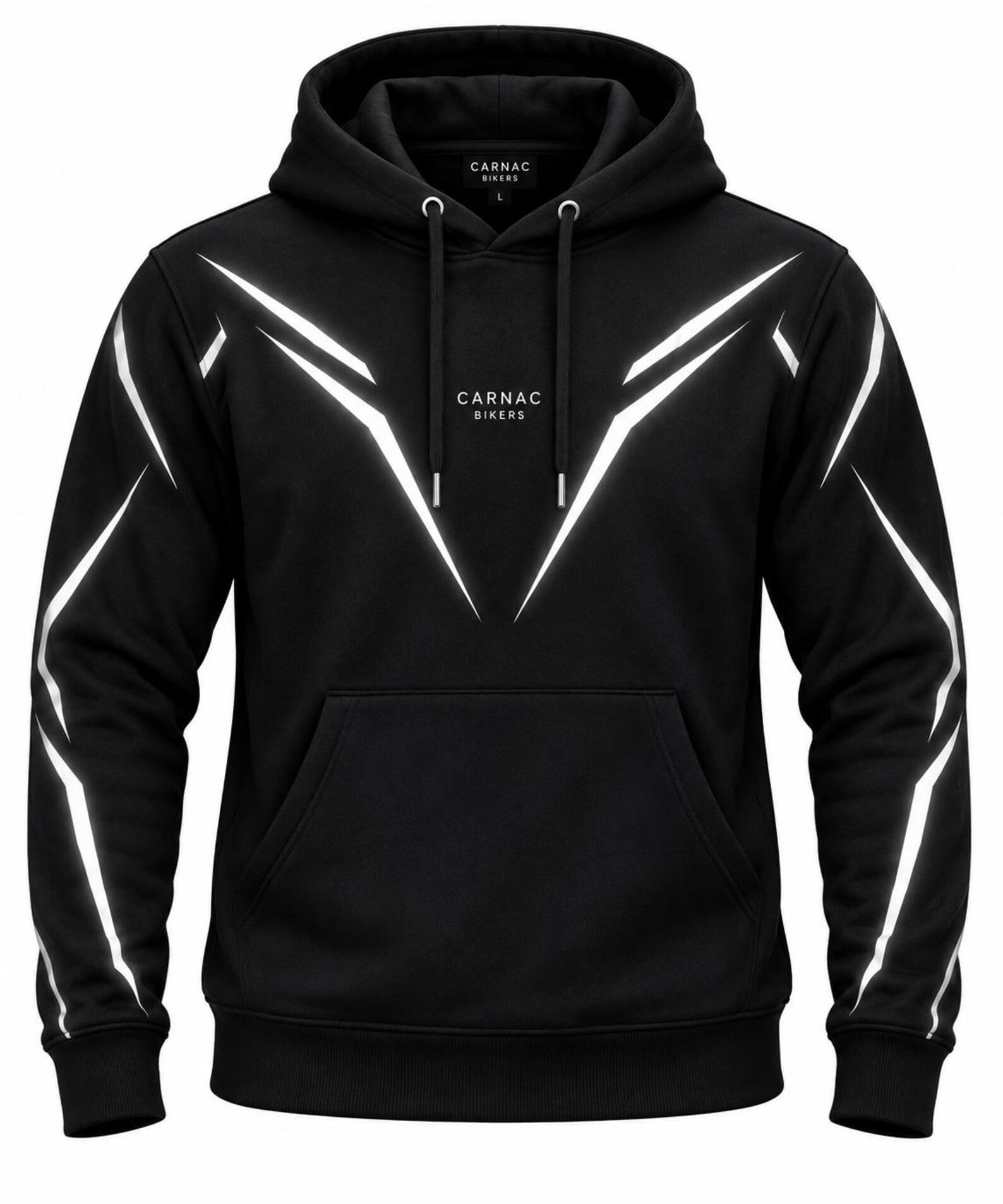 A black pullover hoodie with white graphic stripe designs running along the shoulders and sleeves, featuring a drawstring hood and a kangaroo pocket. The brand name 'CARNAC BAYERS' is printed on the chest and inside the neck label.