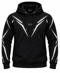 A black pullover hoodie with white graphic stripe designs running along the shoulders and sleeves, featuring a drawstring hood and a kangaroo pocket. The brand name 'CARNAC BAYERS' is printed on the chest and inside the neck label.