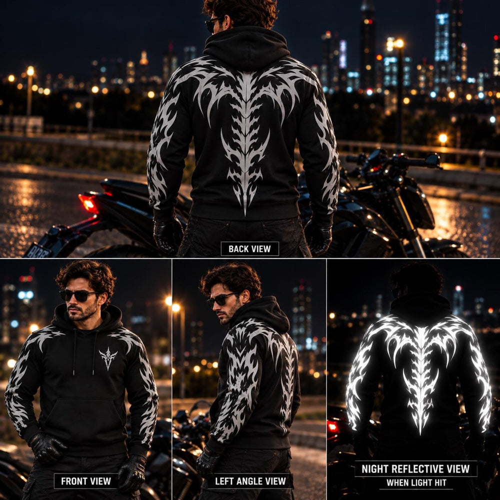 Armored Motorcycle Hoodie Demon Spine Reflective Silver Tribal Pattern