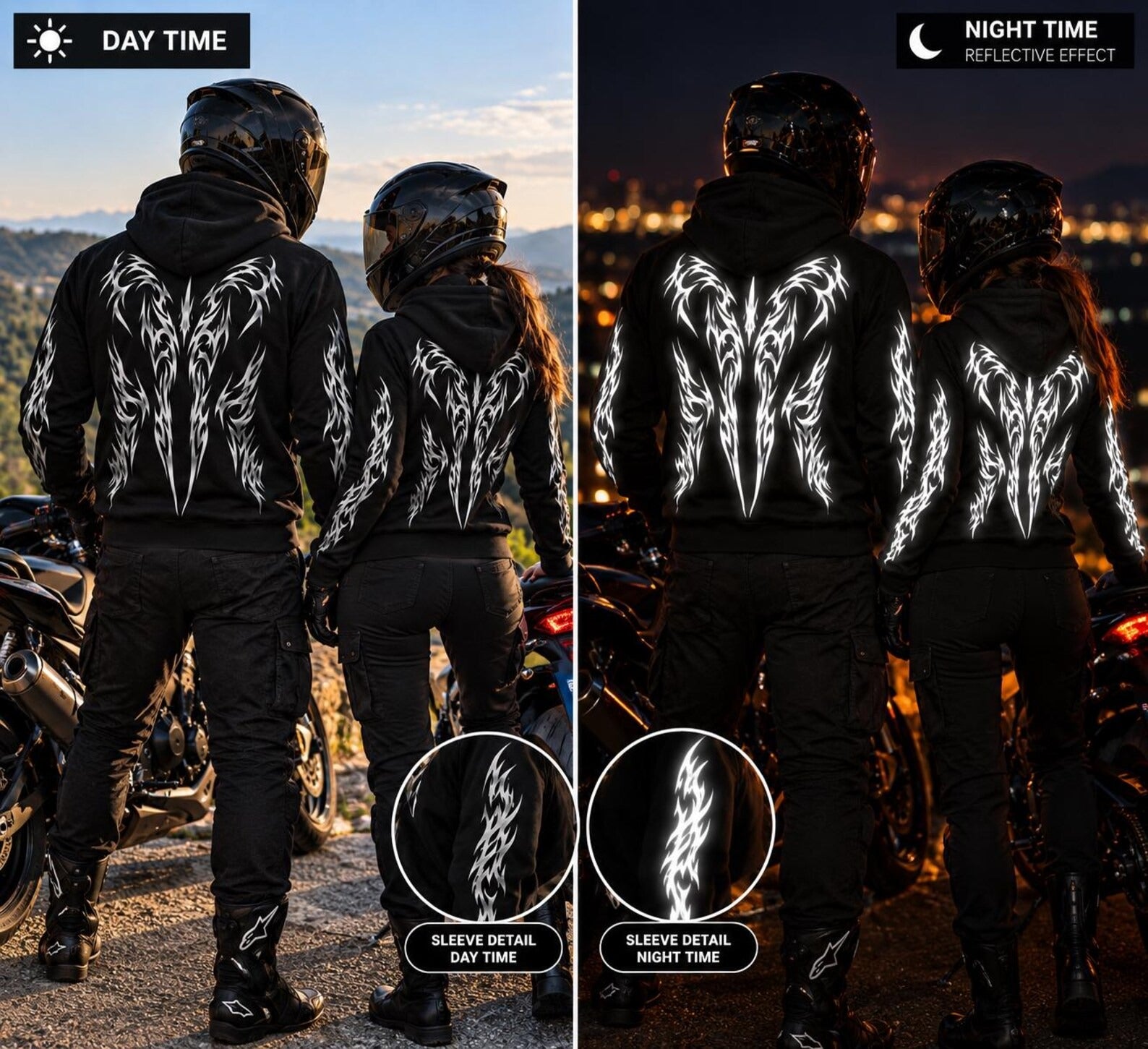 Armored Motorcycle Hoodie in Black with Reflective Tribal Wing Print