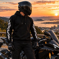 Armored Motorcycle Hoodie in Black with Reflective Tribal Wing Print