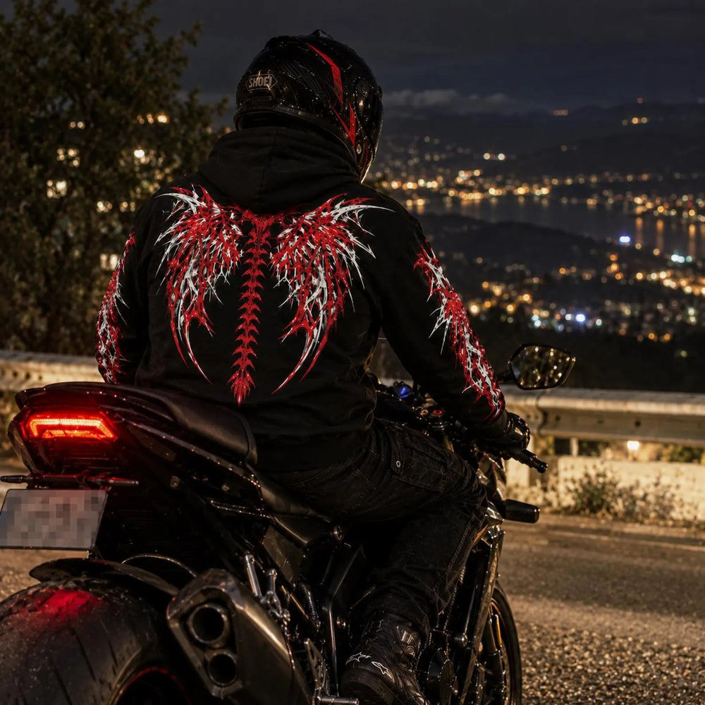 Armored Motorcycle Hoodie in Red & Gray Gothic Wing Print with CE Level 2 Protection