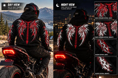 Armored Motorcycle Hoodie in Red & Gray Gothic Wing Print with CE Level 2 Protection