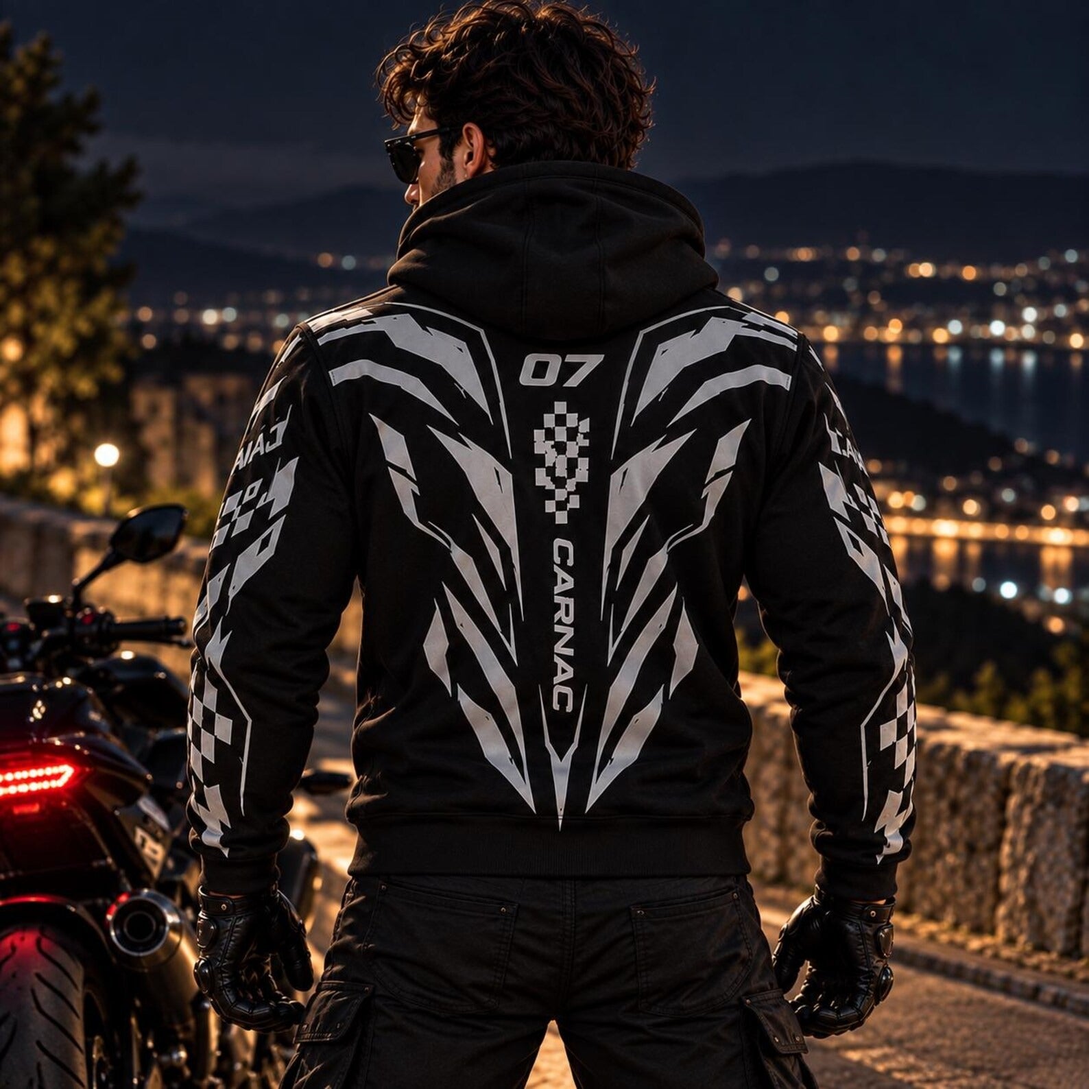 Armored Motorcycle Hoodie with Cyber Racing Reflective Silver Racing Pattern