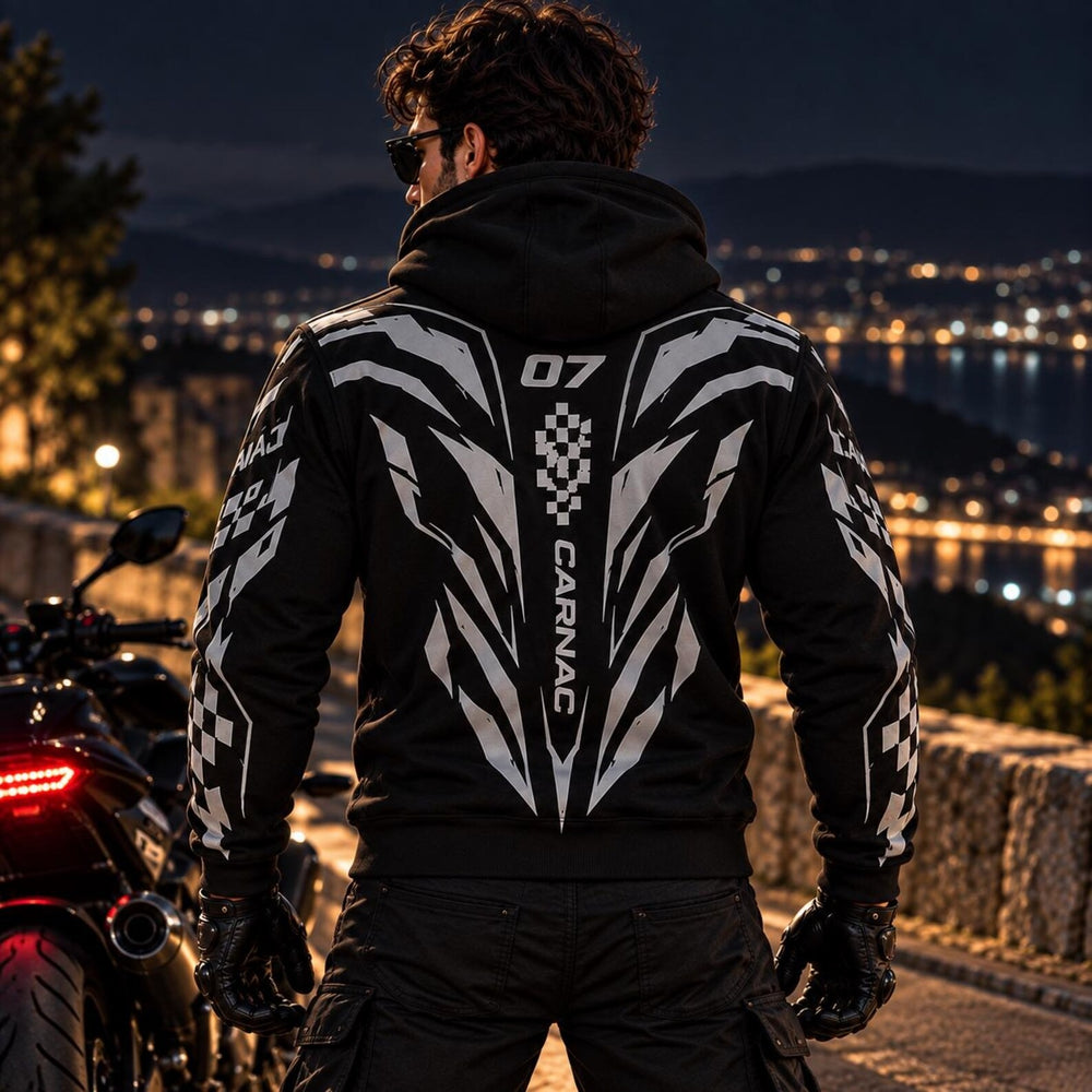 Armored Motorcycle Hoodie with Cyber Racing Reflective Silver Racing Pattern