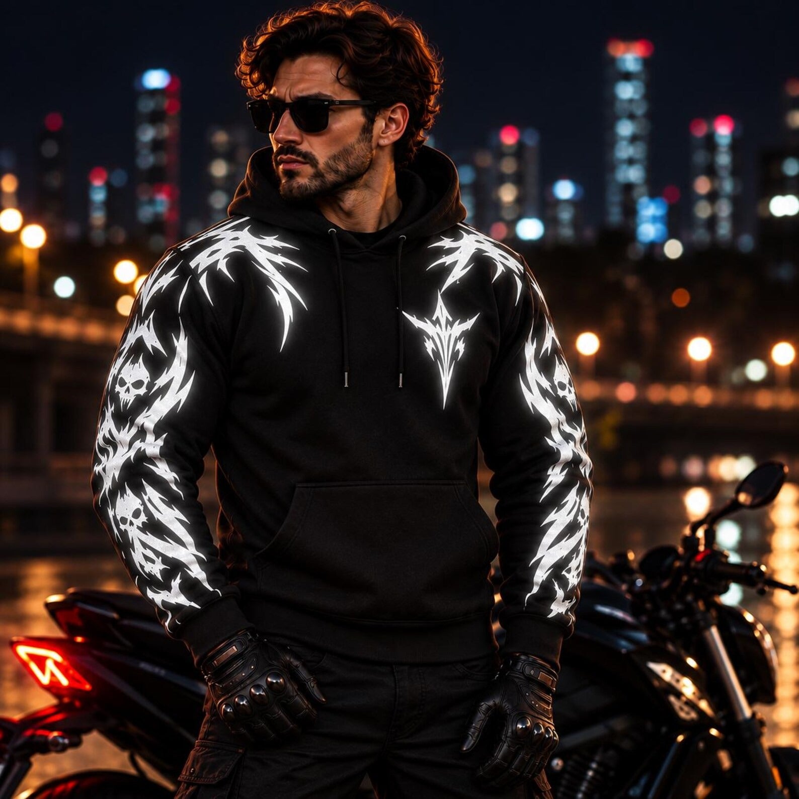 Armored Motorcycle Hoodie with Night Reaper Reflective Silver Skull Pattern