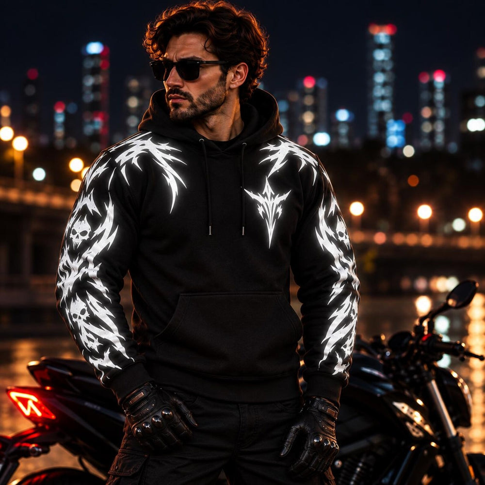 Armored Motorcycle Hoodie with Night Reaper Reflective Silver Skull Pattern