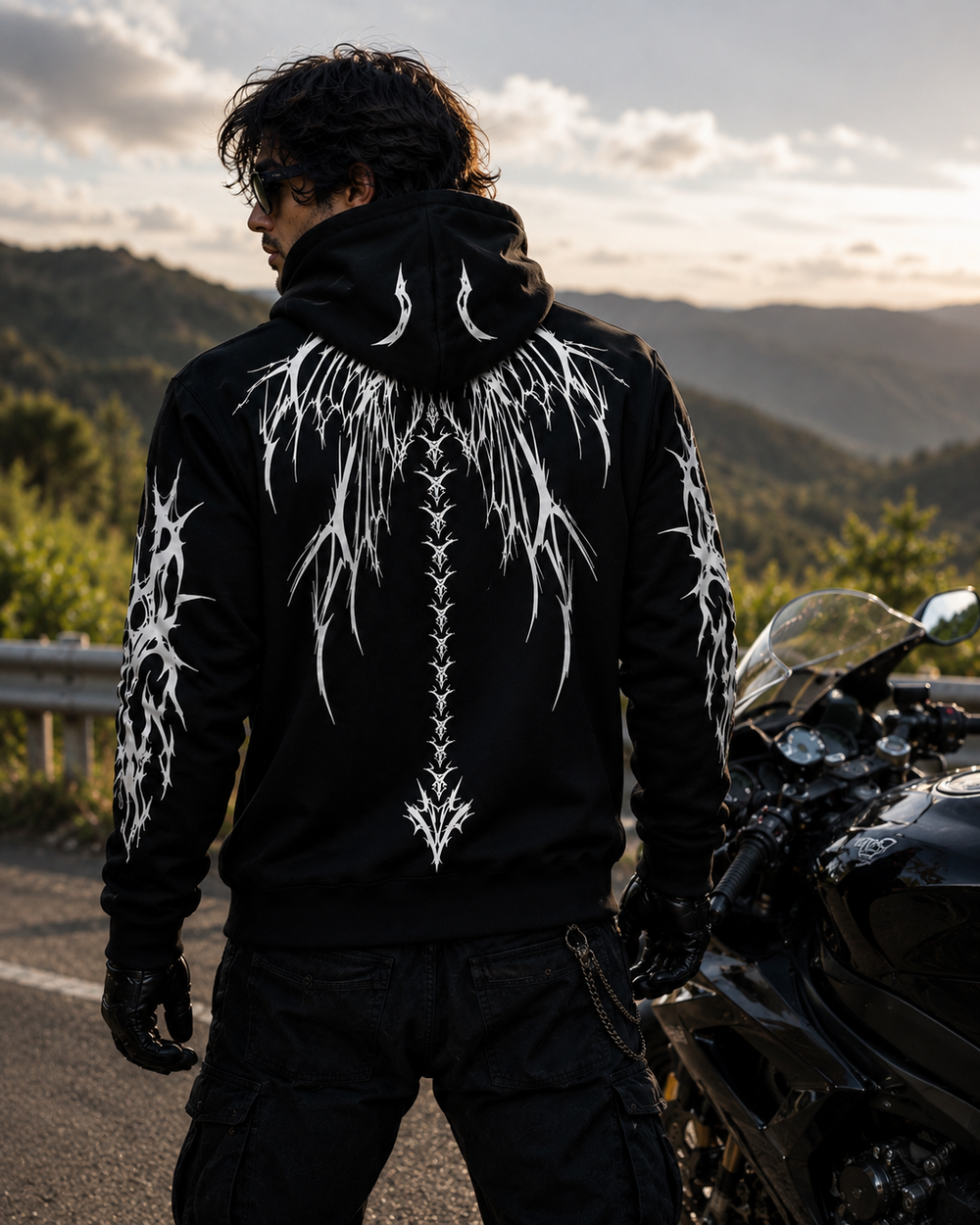 Armored Motorcycle Hoodie with Reflective Dragon Wings Print