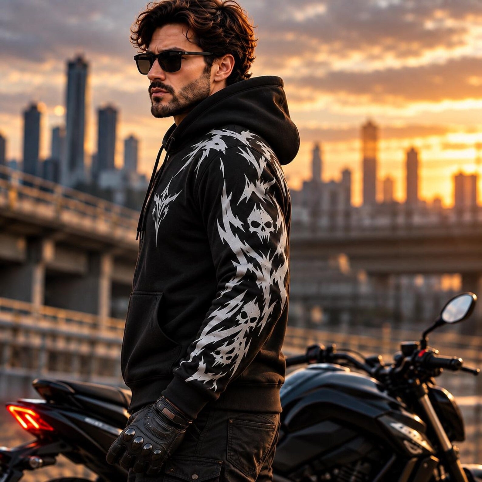 Armored Motorcycle Hoodie with Night Reaper Reflective Silver Skull Pattern