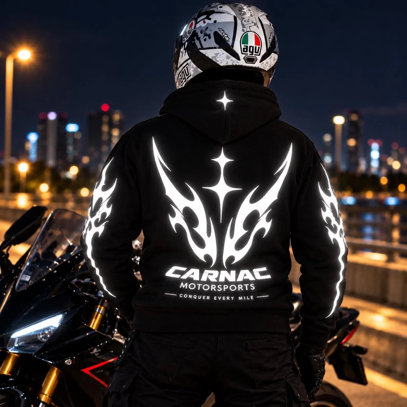 Armored Motorcycle Hoodie with Reflective Tribal Vortex Print, CE Level 2