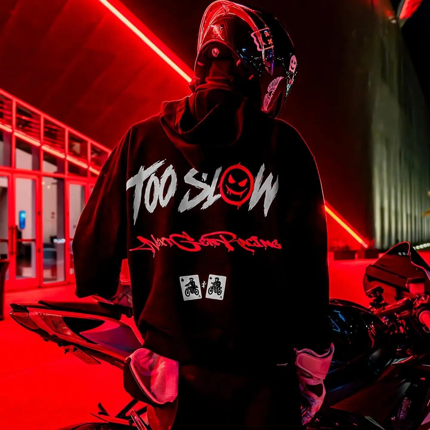 Armored Motorcycle Hoodie with Too Slow Gothic Racing Print