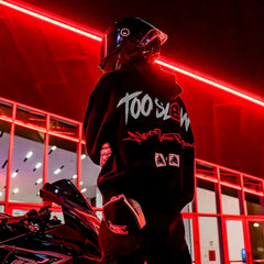 Armored Motorcycle Hoodie with Too Slow Gothic Racing Print