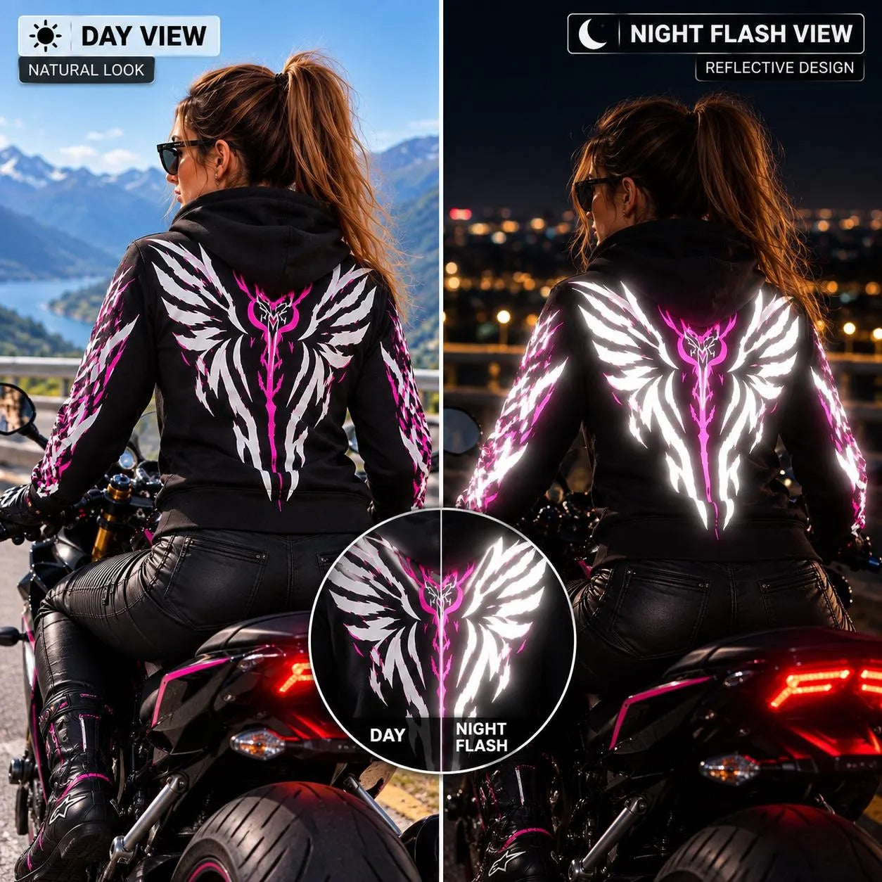 Armored Motorcycle Hoodie for Women in Valkyrie Wings Reflective Pink Print