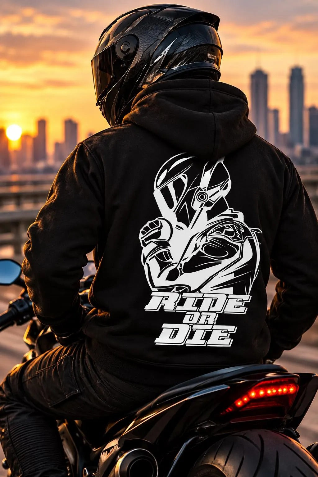 Armored Motorcycle Hoodie in Black with Ride or Die Reflective Print