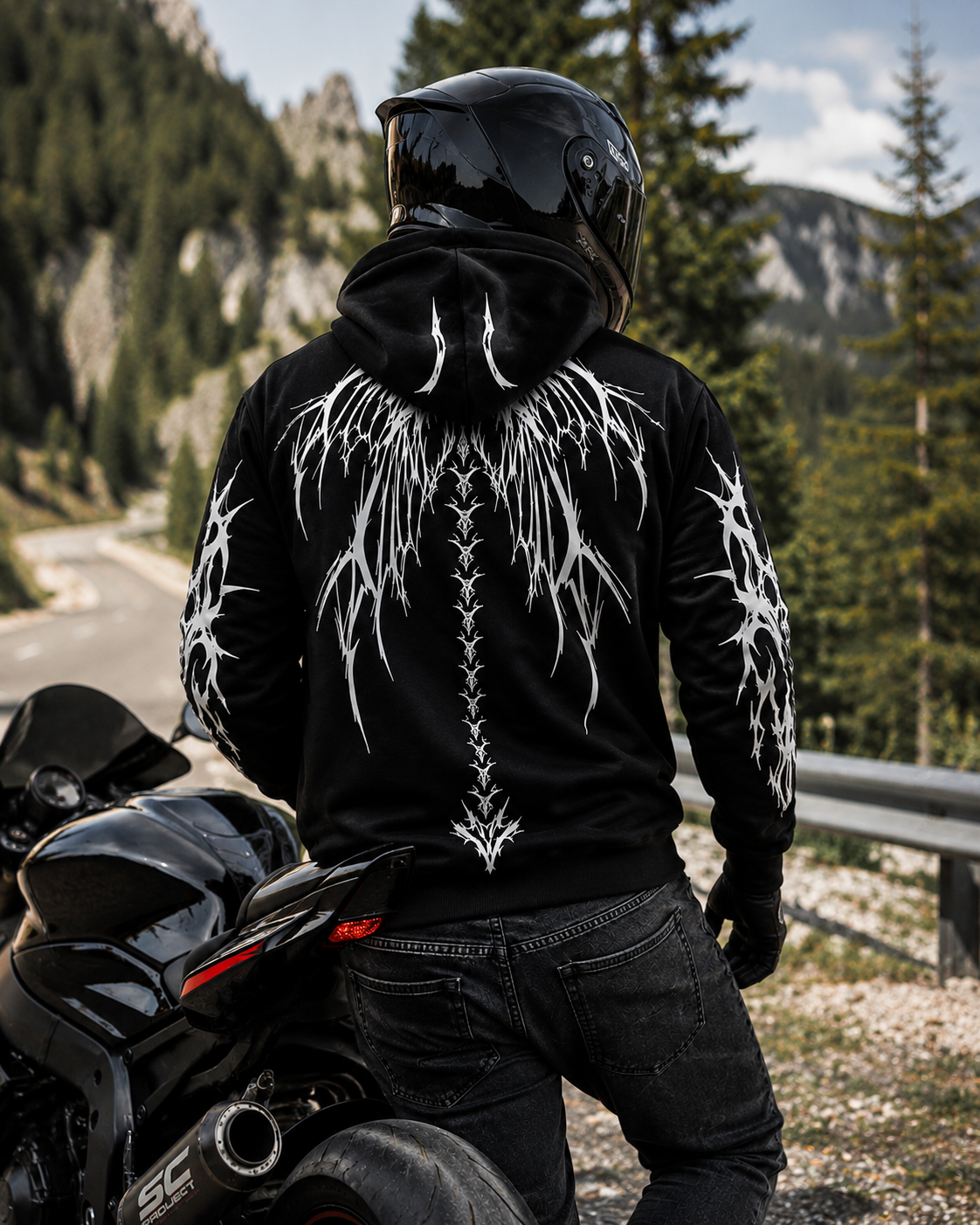 Armored Motorcycle Hoodie with Reflective Dragon Wings Print