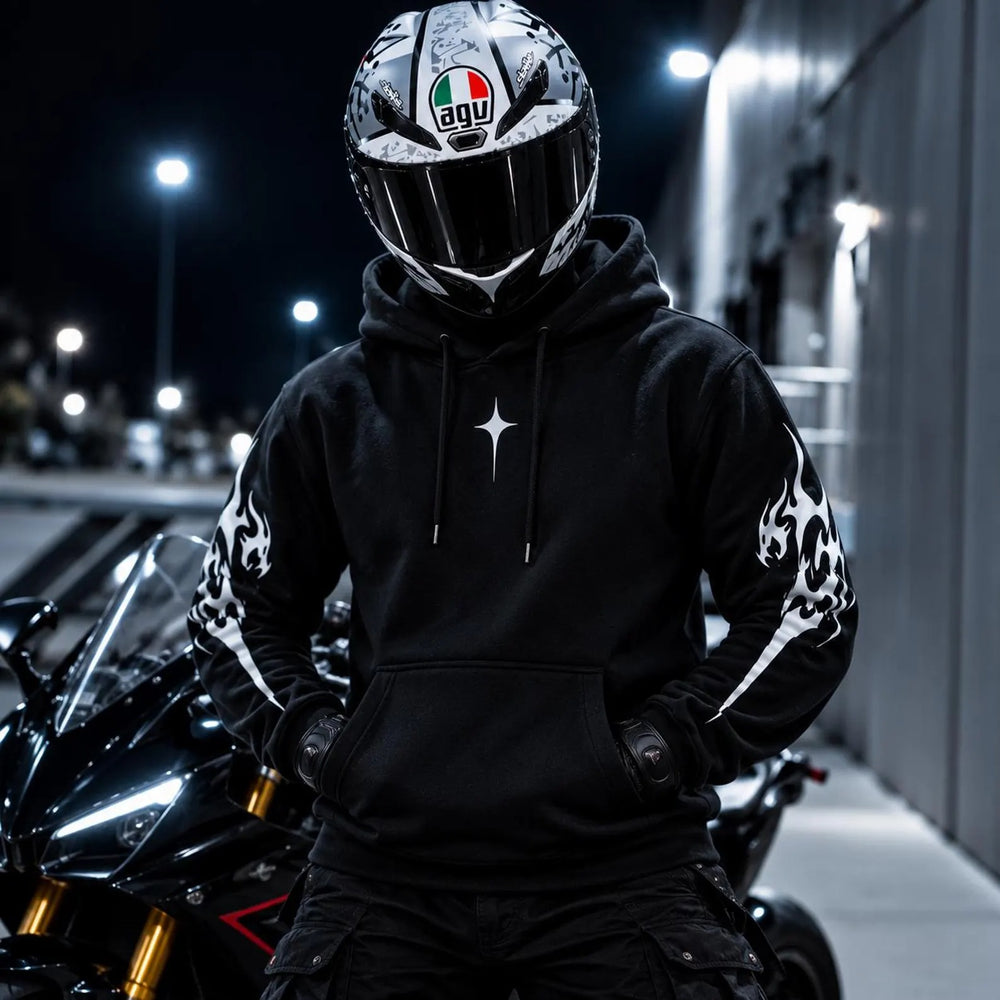 Armored Motorcycle Hoodie with Reflective Tribal Vortex Print, CE Level 2