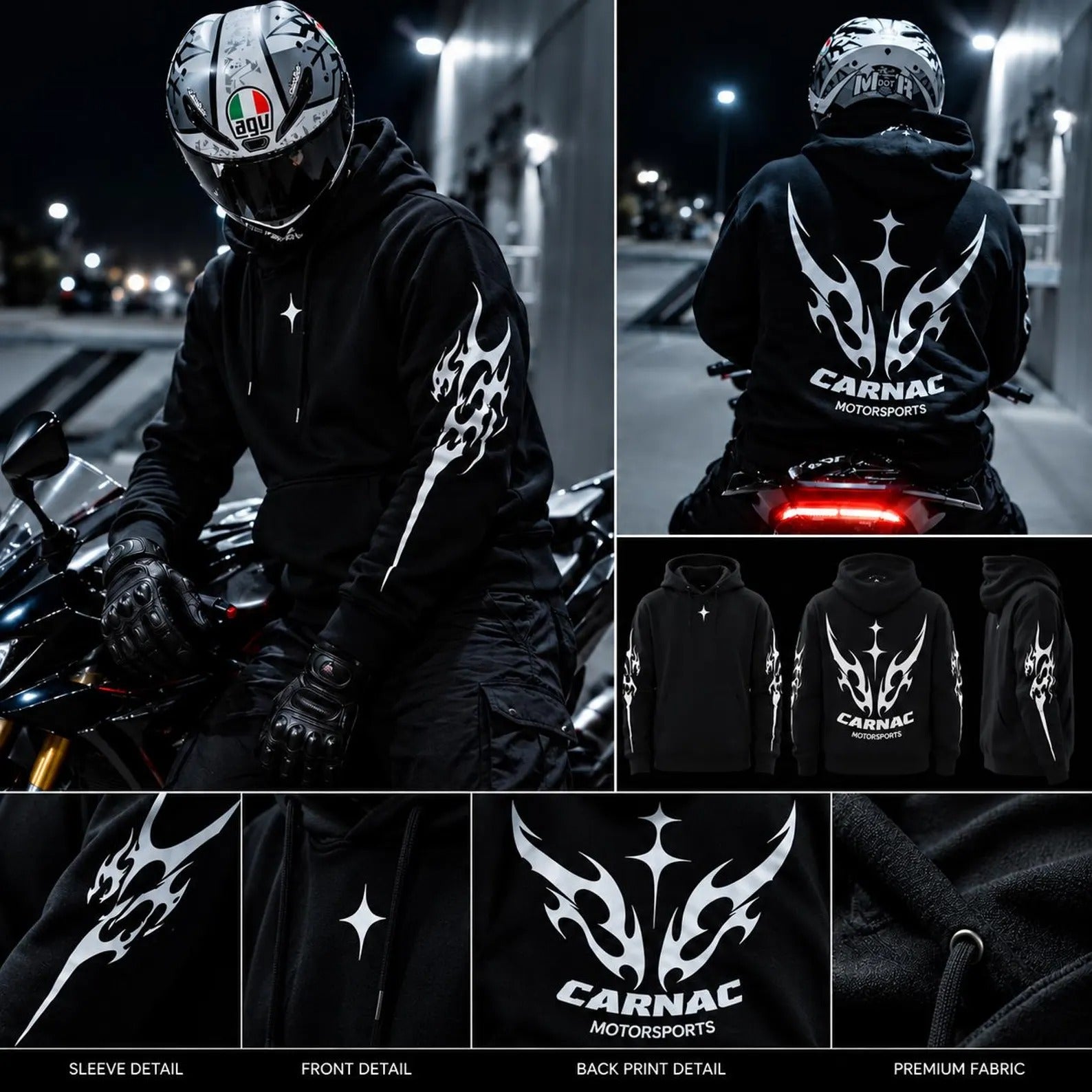 Armored Motorcycle Hoodie with Reflective Tribal Vortex Print, CE Level 2