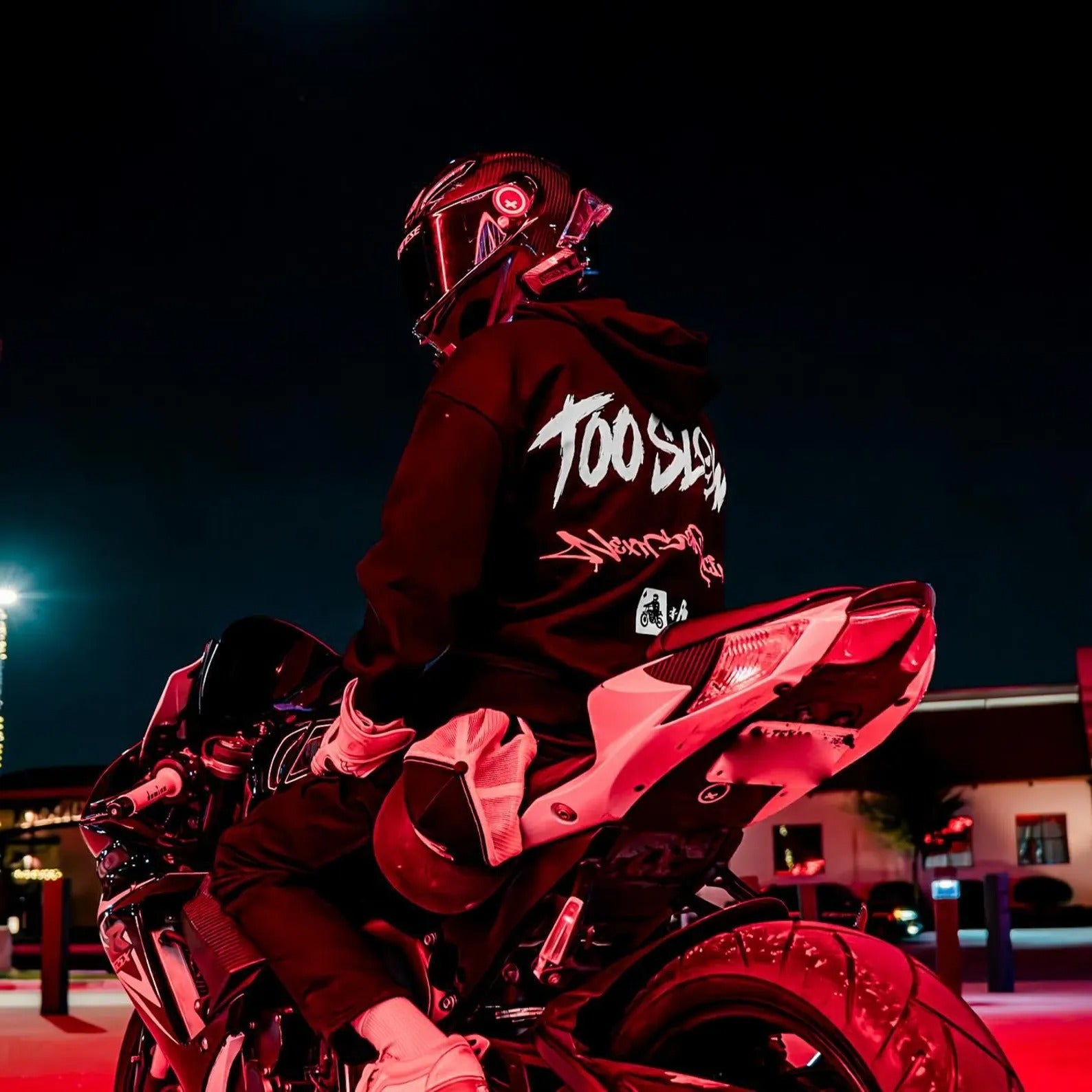 Armored Motorcycle Hoodie with Too Slow Gothic Racing Print