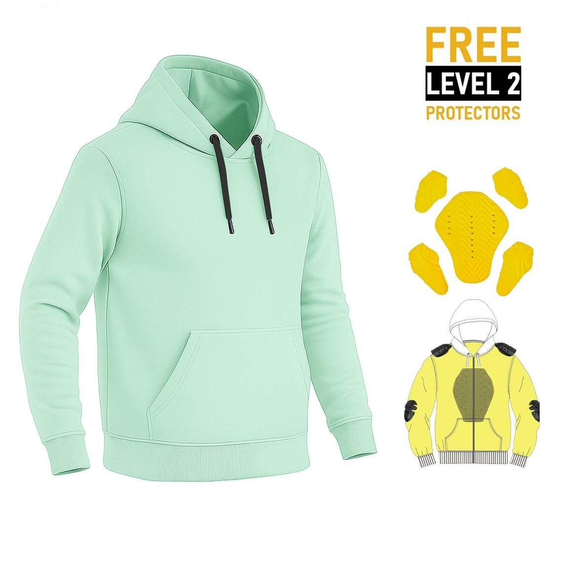 2. CE-Armored Kevlar Motorcycle Hoodie in Mint Green with Protective Pads