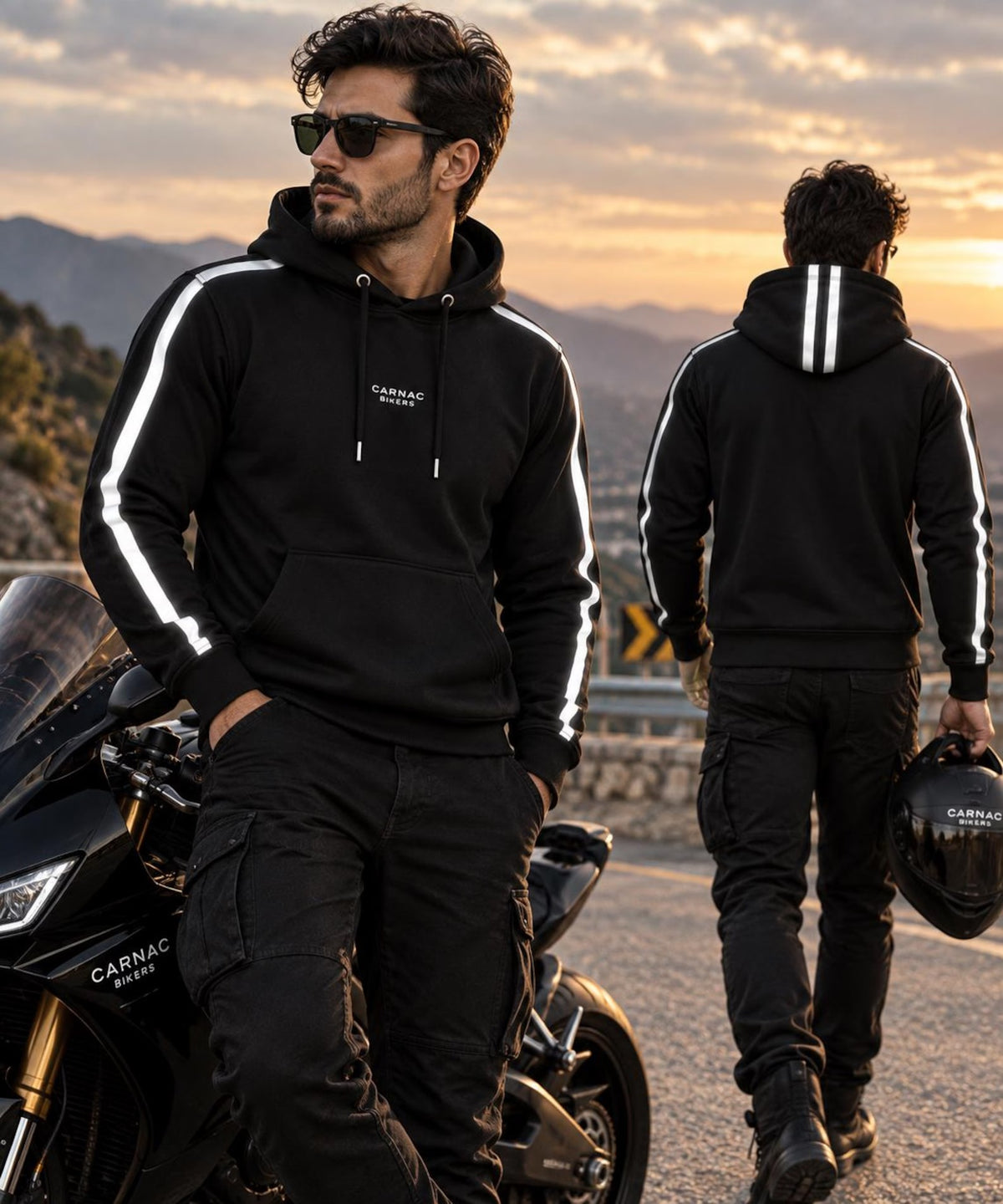 Aramid Lined Motorcycle Armored Hoodie in Black with Reflective Racing Stripes