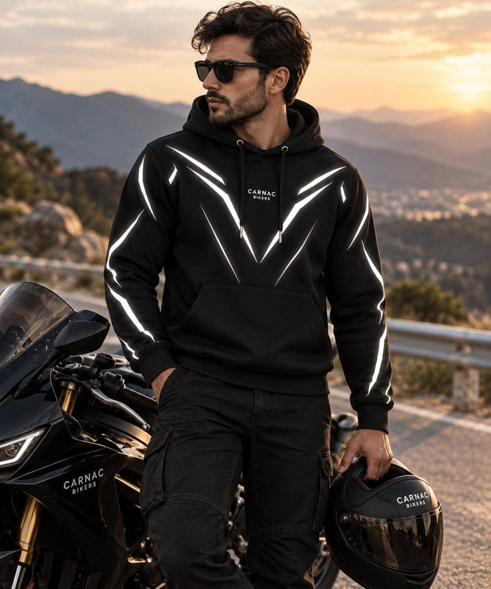 Aramid Lining Armored Motorcycle Hoodie in Black with Reflective Cyber V Design
