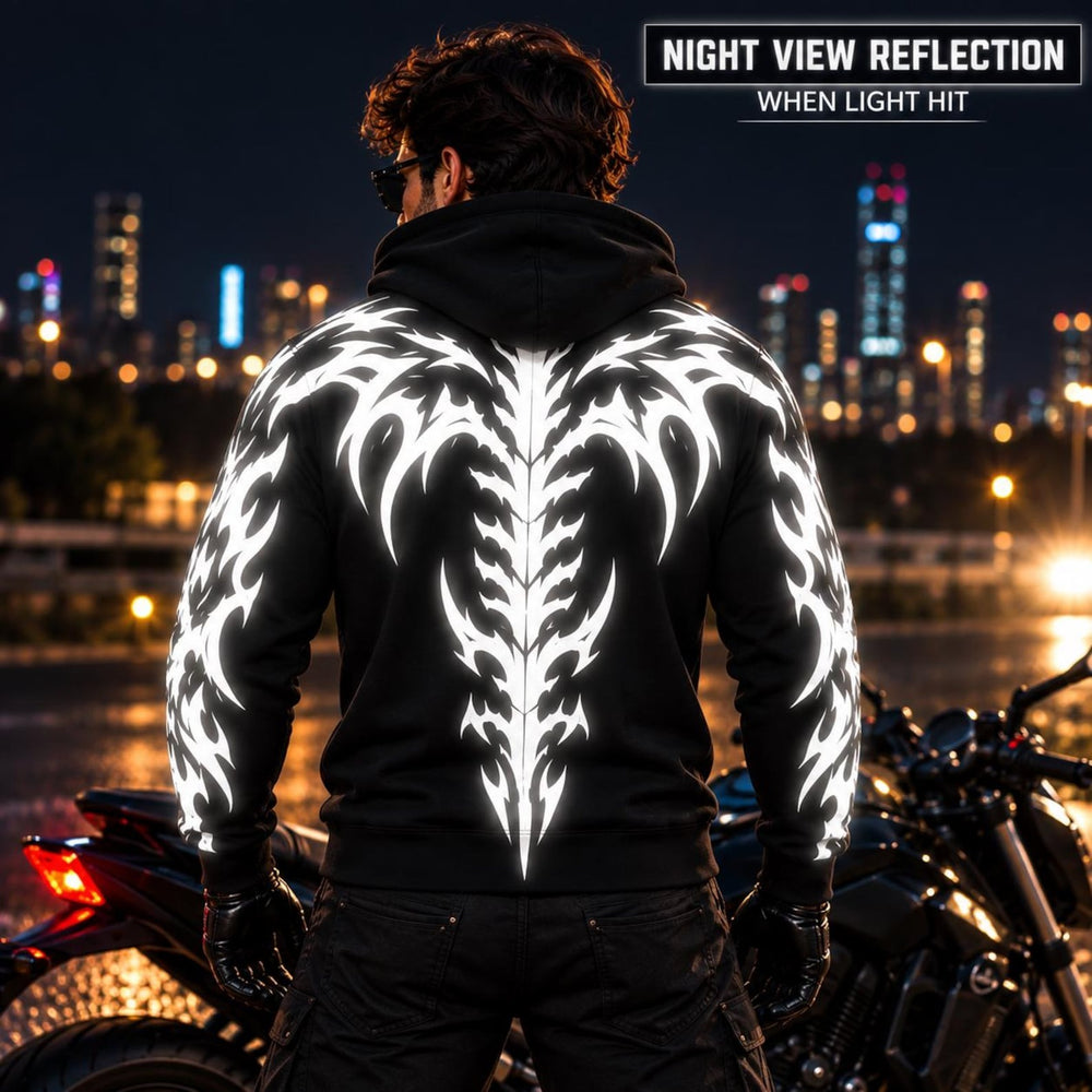 Armored Motorcycle Hoodie Demon Spine Reflective Silver Tribal Pattern