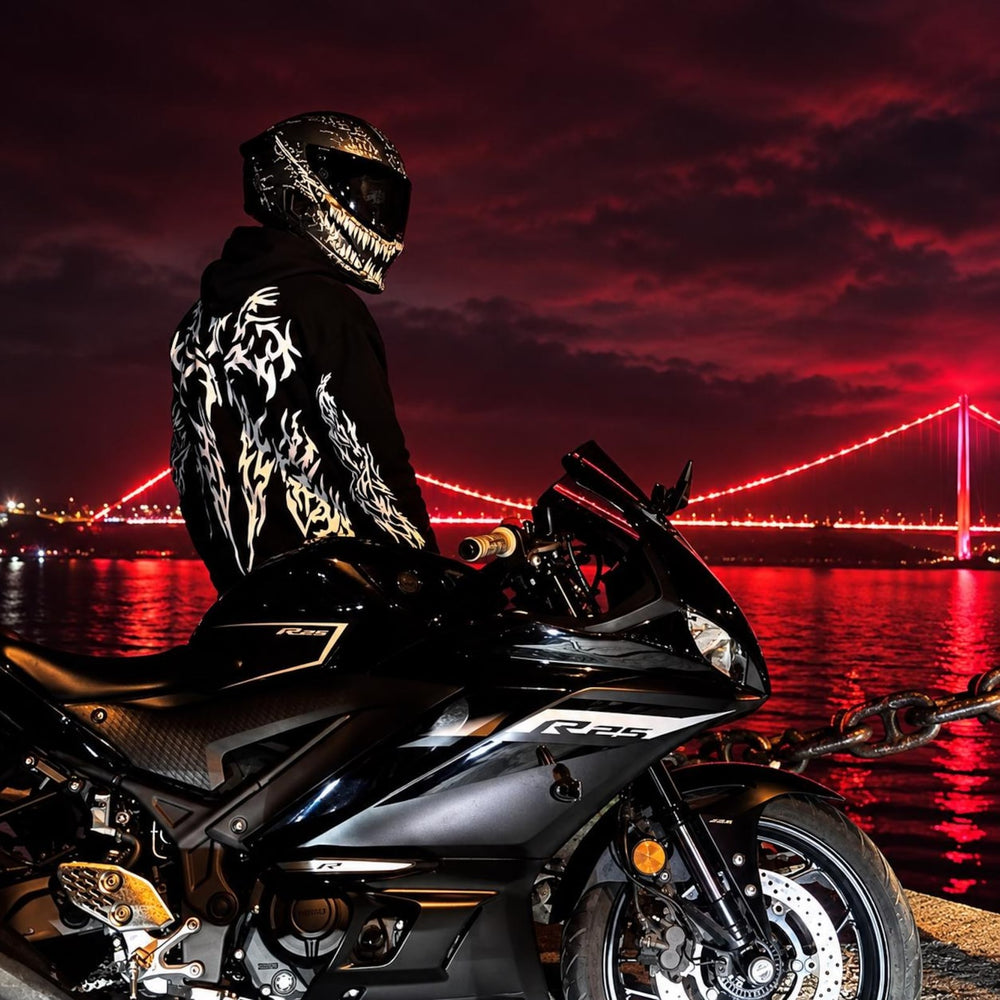 Armored Motorcycle Hoodie in Black with Reflective Tribal Wing Print