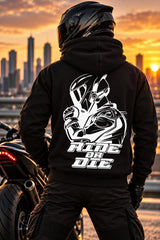 Armored Motorcycle Hoodie in Black with Ride or Die Reflective Print