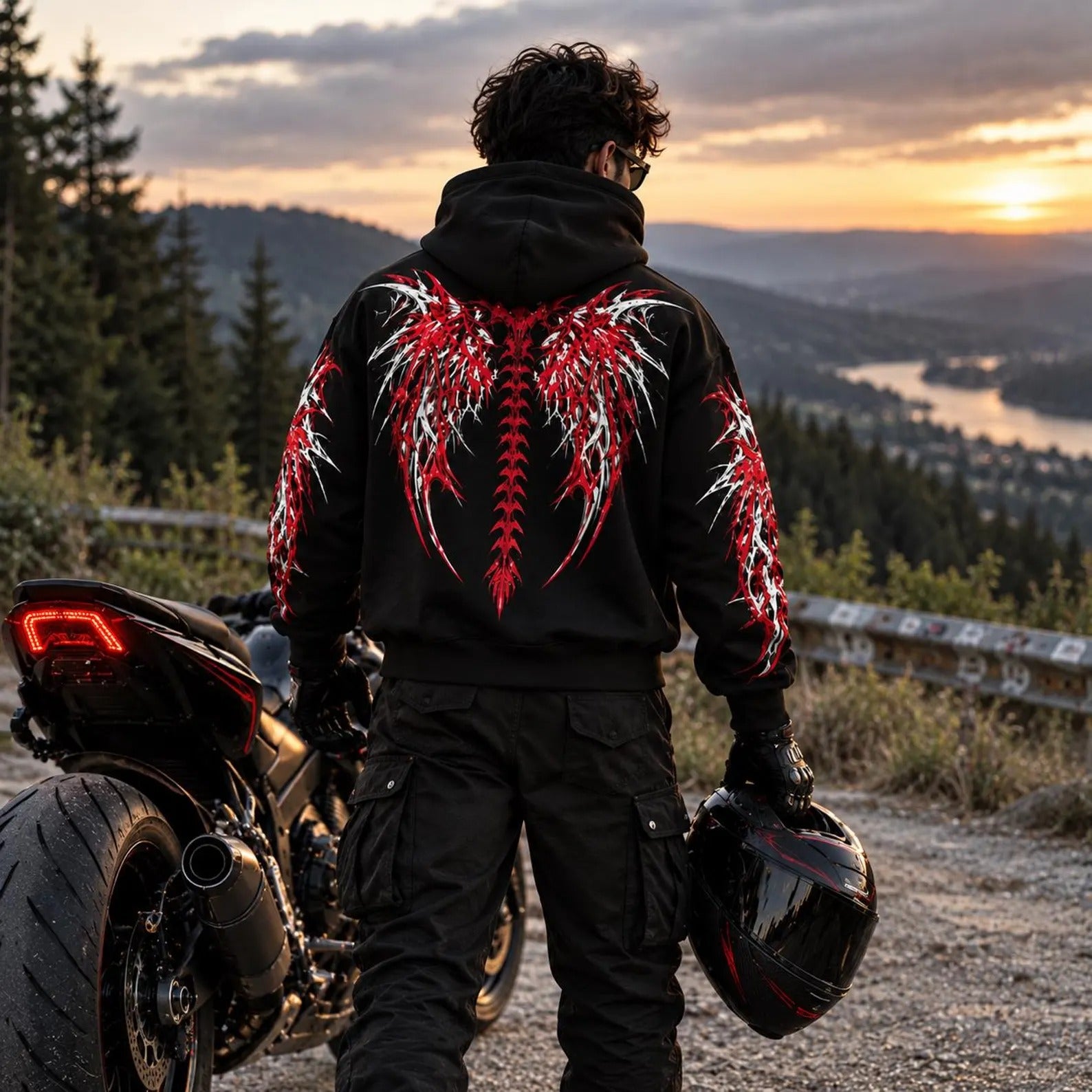 Armored Motorcycle Hoodie in Red & Gray Gothic Wing Print with CE Level 2 Protection