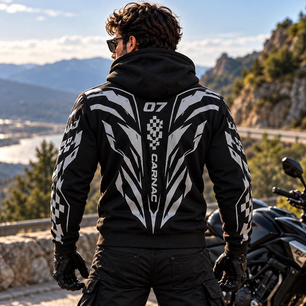 Armored Motorcycle Hoodie with Cyber Racing Reflective Silver Racing Pattern